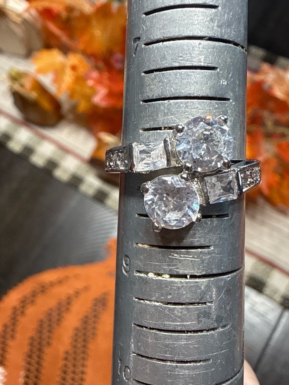 Silver-Tone Clear Crystal Double Ring